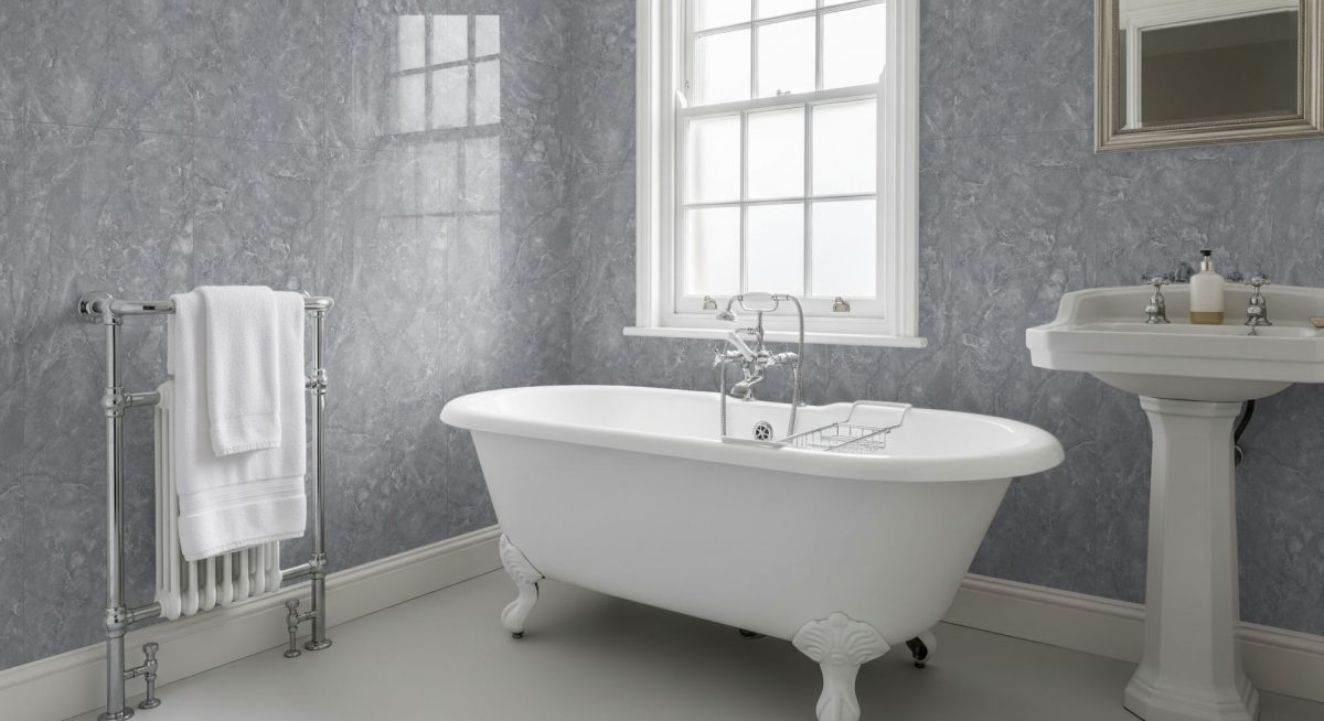 Pro Tek Flooring Grey Statuario Marble (marble 2 Tile Design) Materialo Image Pro-Tek™ Grey Statuario Double Tile Wall Panel