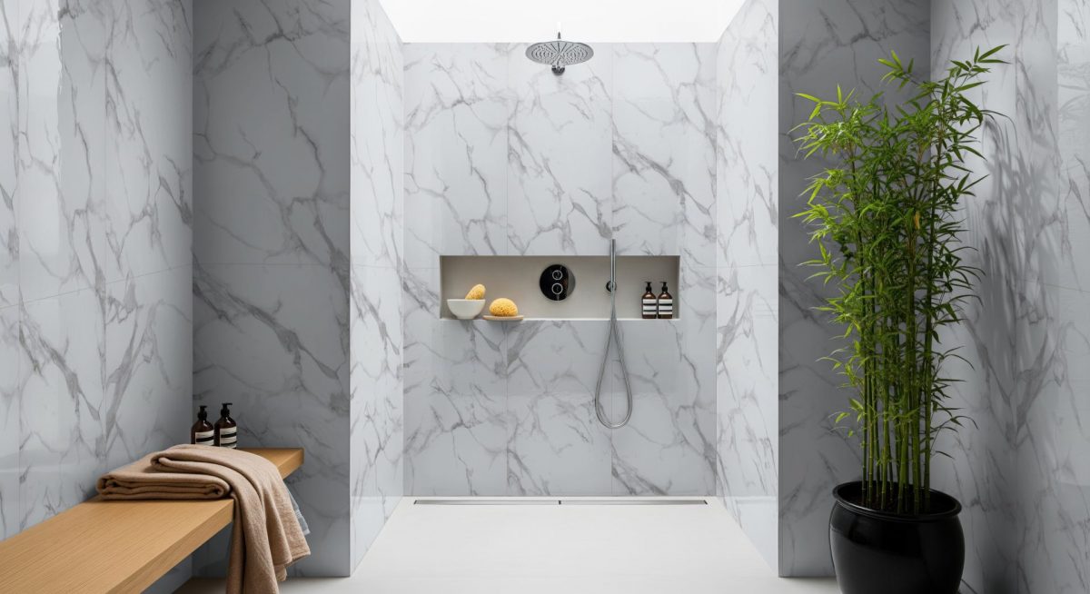 White Carrara Double Tile Wall Panel - Image 3