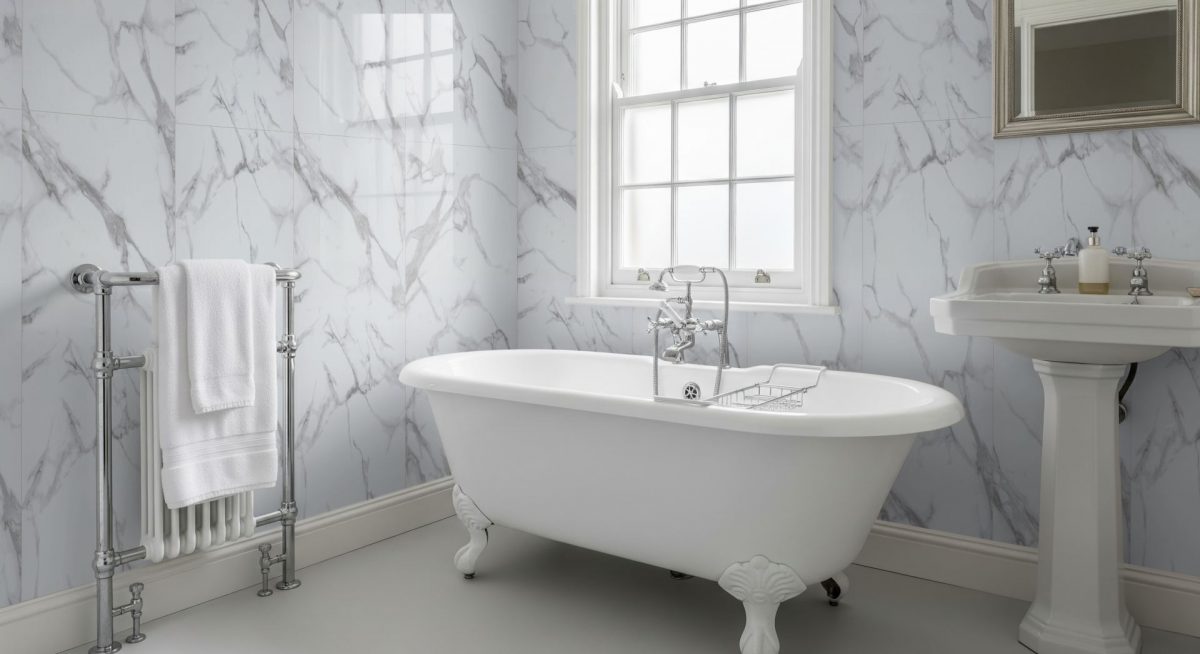Pro-Tek™ White Carrara Double Tile Wall Panel Pro-Tek™ White Carrara Double Tile Wall Panel