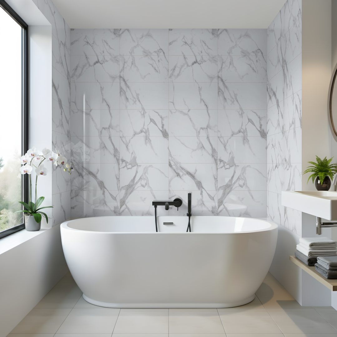 Pro Tek Flooring White Carrara Marble (marble 300 X 600 Tile Design) Materialo Image (1) Pro-Tek™ White Carrara Multi Tile Wall Panel