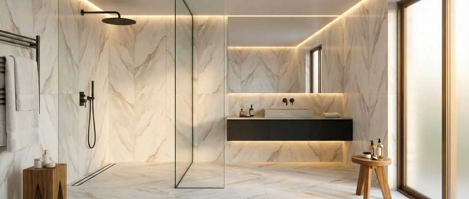 High Gloss Marble Double Tile Panels Grout Free Luxury